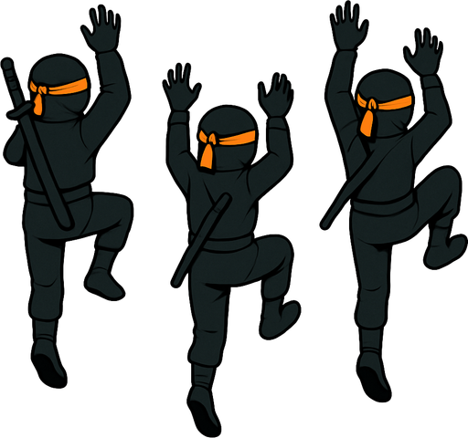 Different frames of Ninja climbing a ladder animation but without ladder, for full body of a ninja character, black color outfit, eyes bondage orange, have sword behind it. HD colors. facing the screen by its back side
In-Game asset.  2d.  High contrast.  No shadows