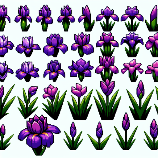 A sprite sheet of different purple iris seen from above. Cartoon. All similar size. Just the blossom. Bold colors and shading. 
Single Game Texture. In-Game asset. 2d. Blank background. High contrast. No shadows.