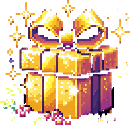 Pixel art of a golden christmas present. Single Game Texture. In-Game asset. 2d. Blank background. High contrast. No shadows.