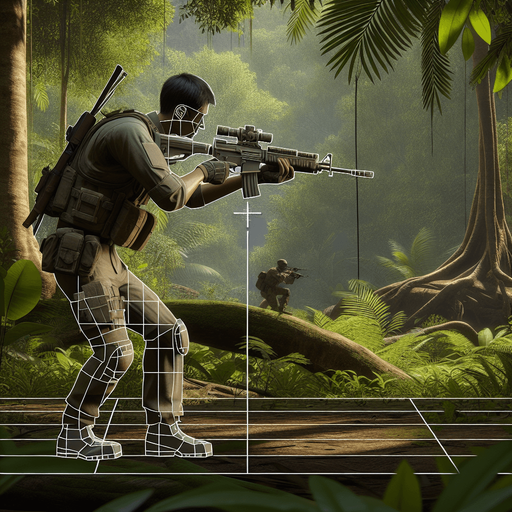 jungle soldier stand shoot the target right direction.
Single Game Texture.  In-Game asset.  2d.  Blank background.  High contrast.  No shadows