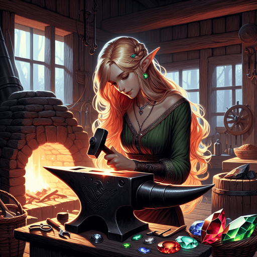 A blonde elf with long hair and a serious expression, working at an anvil in the center of the screen. The scene takes place in a magical forge inside a forest cabin, with a glowing hearth in the background. The elf is surrounded by blue, green, and red crystals, adding an enchanting atmosphere to the room. The warm glow of the fire and the shimmering crystals illuminate the elf's focused face and her skilled work..
Single Game Texture.  In-Game asset.  2d.  Blank background.  High contrast.  No shadows. pixel art