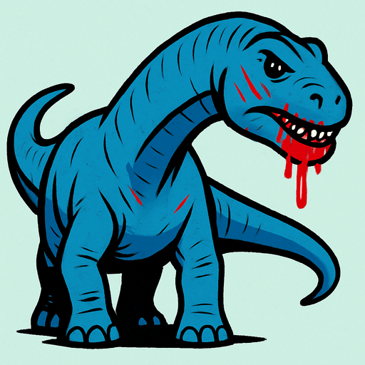 mavi bir Argentinosaurus, ağzında biraz kan ve yüzünde çizikler 
var.
In-Game asset.  2d.  High contrast.  No shadows