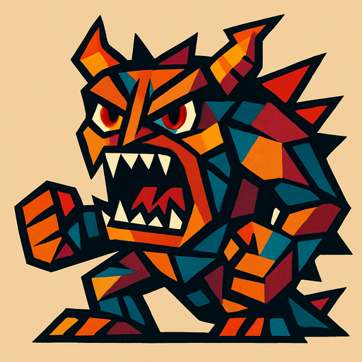 Aşırı kızgın, kübizm tarzında bir canavar çiz..
In-Game asset.  2d.  High contrast.  No shadows