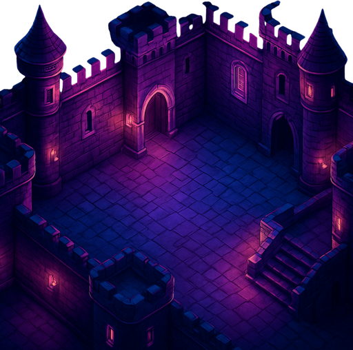 Top down isometric neon cyberpunk castle courtyard dungeon background large