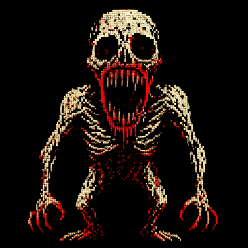 Make a horrifying 8 bit monster that is very scary and disturbing.
In-Game asset.  2d.  High contrast.  No shadows