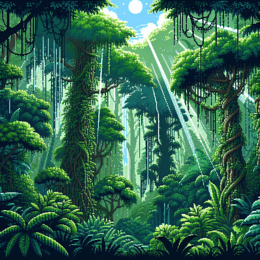 a jungle with light streaming in from above, pixel art

Single Game Texture. In-Game asset. 2d. Blank background. High contrast. No shadows.