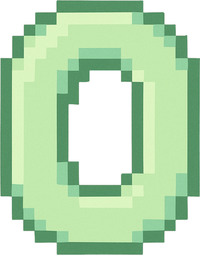 A pixel art number "0" designed for a cozy, cute retro 2D game UI with a bird theme. The number is rendered in soft pastel light green tones to harmonize with the gentle and sweet aesthetic of the game. It has a clean, simple, and rounded pixel style with no harsh edges, fitting perfectly within the pixel art UI style. The number is bold and easily readable at small sizes..
In-Game asset.  2d.  High contrast.  No shadows. pixel art. retro. 2d ui. number. pastel light green. simple. rounded edges. bold. cute. minimal