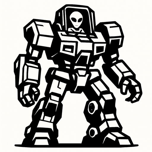 Giant space robot with grey alien controlling it from cockpit in head
In-Game asset.  2d.  High contrast.  No shadows