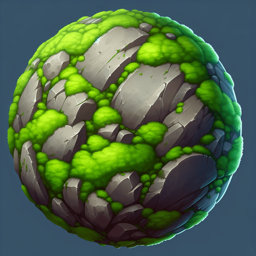 una piedra redonda musgosa.
Single Game Texture.  In-Game asset.  2d.  Blank background.  High contrast.  No shadows