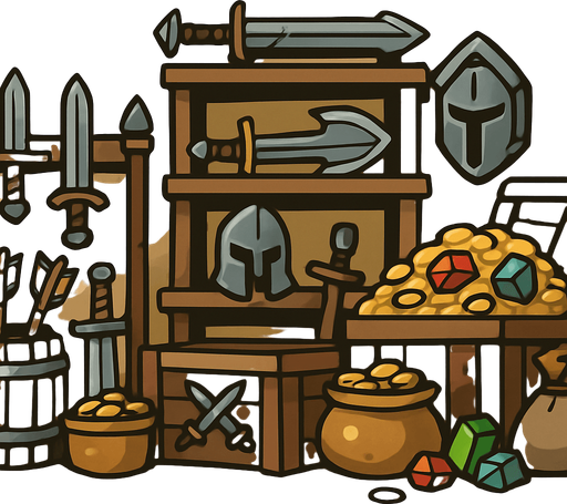 Eski kılıçlı silahlar ve cevherlerin vs. olduğu uzaktan bakış depo alanı..
In-Game asset.  2d.  High contrast.  No shadows