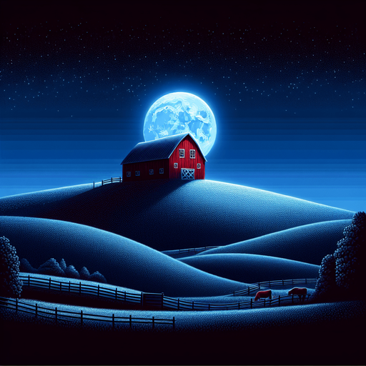 Windows xp hill with a red barn on the top of the hill at night.
Single Game Texture. In-Game asset. 2d. Blank background. High contrast. No shadows.