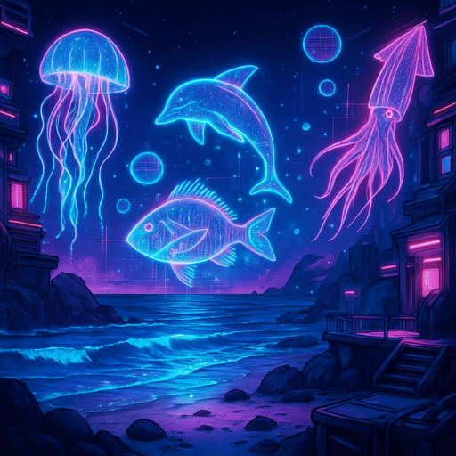 neon cyberpunk manga seaside biome  ocean beach holograms projections cyber deep sea background scene large hd overworld futuristic side platformer bg sea floor coastal