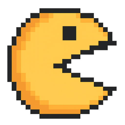 Pacman with mouth opened pixilated . No background. Transparent background. Blank background. No shadows. 2d. In-Game asset. flat