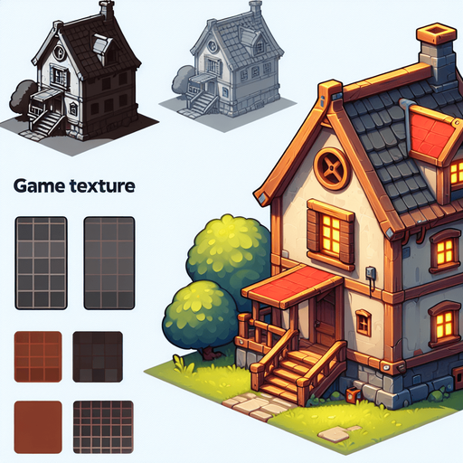 house.
Single Game Texture. In-Game asset. 2d. Blank background. High contrast. No shadows.
