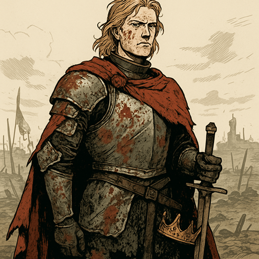 A young prince in a tattered royal cloak, wearing armor half-covered in mud and blood. Male, 31 years old, tall and proud despite exile, with golden blond hair to his shoulders, piercing blue eyes, and fair skin hardened by years of hardship. A broken crown hangs from his belt. He stares out over a ruined battlefield with determination. Realistic, highly detailed, noble tragic style. realistic.
In-Game asset.  2d.  High contrast.  No shadows