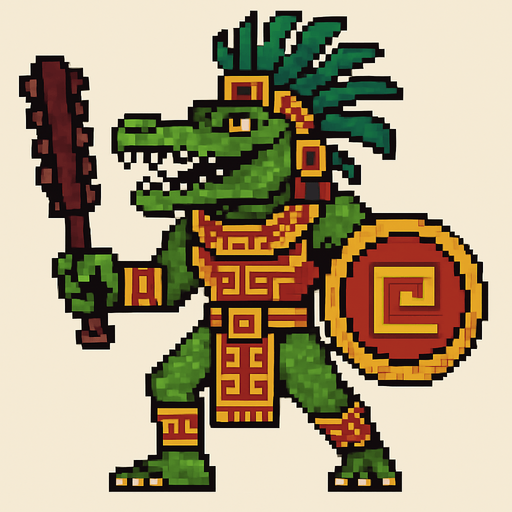 Generame un guerrero azteca con patrones, estilo pixelar, ademas sera un Caimán llanero humanoide..
In-Game asset.  2d.  High contrast.  No shadows