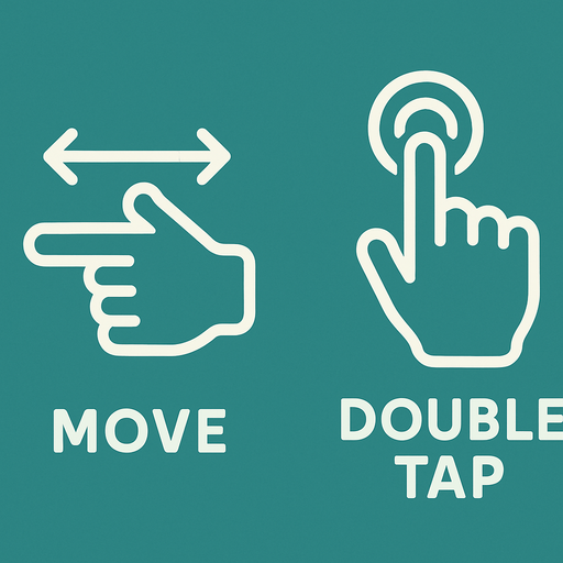white stroked help illustration indicating move (hand + arrows) and one indicating double tap (hand + circles)