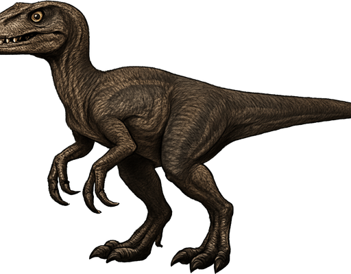 A realistic dinosaur dinosaur depicted in a neutral standing pose on a transparent background. It has a slender, agile body covered with textured brown and dark gray scales. The head is narrow with sharp teeth visible in a slightly open mouth and bright, alert eyes. Its limbs are muscular with sharp claws, and the tail is long and straight, providing balance. The skin texture shows fine scales and subtle muscle definition, emphasizing its role as an early, fast predator..
In-Game asset.  2d.  High contrast.  No shadows