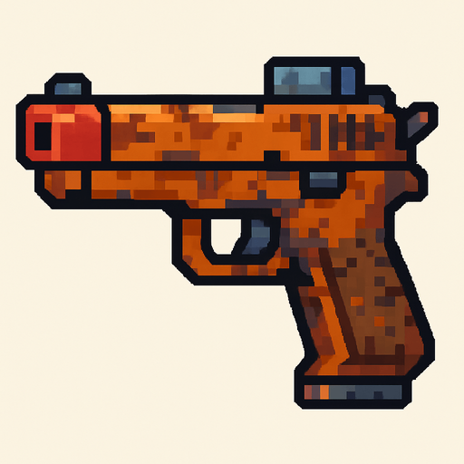 Pistol post apocalyptic world pixel art less pixel.
In-Game asset.  2d.  High contrast.  No shadows