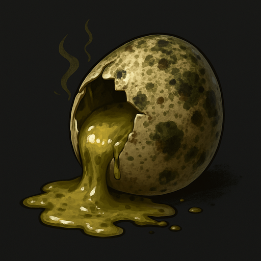 A high-resolution digital illustration of a rotten egg cracked open on one side, oozing a viscous, yellowish-green yolk and albumen. The shell is mottled with dark brown and green mold spots, with wisps of faint greenish gas rising. Textured detail on the shell’s rough, pitted surface, with subtle drips and splatters. Moody, low-key side lighting casts dramatic shadows and highlights the glossy, decaying textures. Semi-realistic style.
In-Game asset.  2d.  High contrast.  No shadows