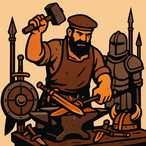 Demirci, Eski savaş malzemeleri üretiyor.
In-Game asset.  2d.  High contrast.  No shadows