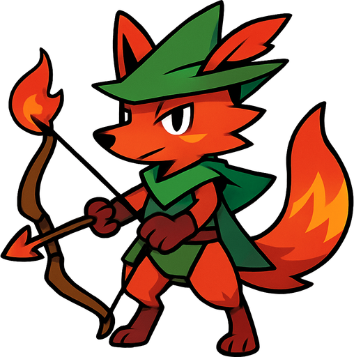 Um monstrinho Raposa+Lobó Guará+Robinwood do tipo Fogo inspirado em Pokémon e Digimon estilo Arqueiro.
In-Game asset.  2d.  High contrast.  No shadows
