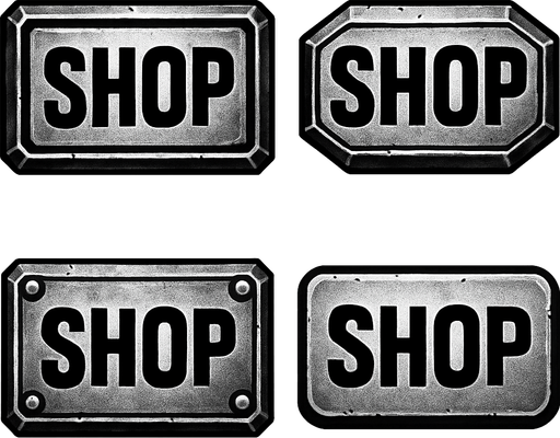 Different shop buttons of metal, metal rectangles
In-Game asset.  2d.  High contrast.  No shadows