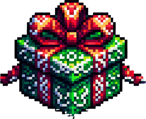 Pixel art of an elaborate green christmas present with red ribbons. Single Game Texture. In-Game asset. 2d. Blank background. High contrast. No shadows.