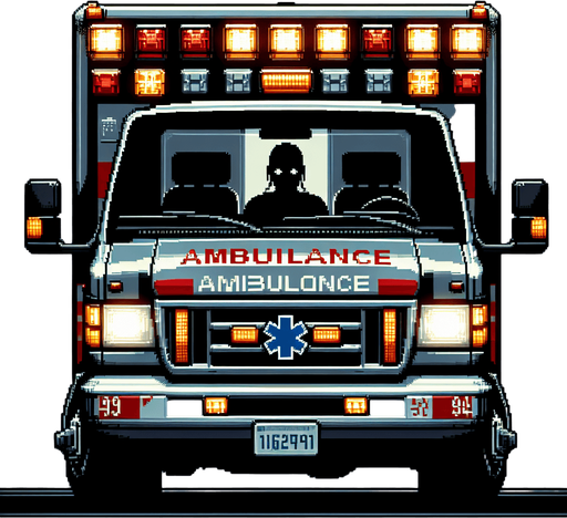 front of an ambulance with a silouhete of a driver..
video game style