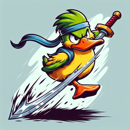 cartoon fantasy yellow duck warrior slash long sword movement.
Single Game Texture.  In-Game asset.  2d.  Blank background.  High contrast.  No shadows