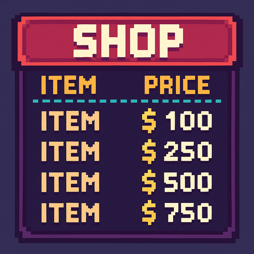 shop written menu tabela pixel.
In-Game asset.  2d.  High contrast.  No shadows