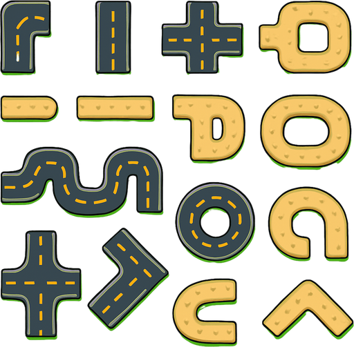 Many types of roads assets for tower defense game. HD colors.
In-Game asset.  2d.  High contrast.  No shadows