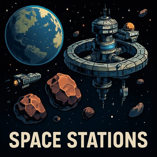 Uzay temalı global Cevher ticareti, uzay istasyonu, gerçekçi, Altında "Space Stations" yazsın.
In-Game asset.  High contrast.  No shadows