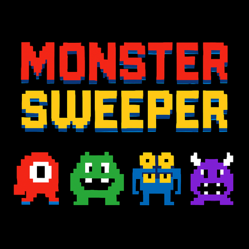 Retro pixel style from arcade. Title that reads: Monster Sweeper.
In-Game asset.  2d.  High contrast.  No shadows