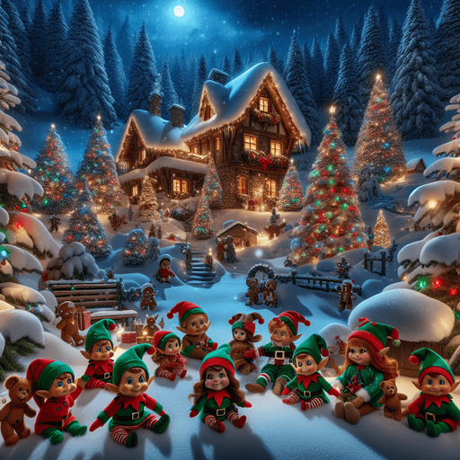 A feerical landscape with santa's house, pines, snow, glowing lights, at night.
In the front, cute elves with gree hats, gingerbread boys, teddy bears, celebrating, but no Santa Clauss in the image. Background image. High contrast. No shadows.