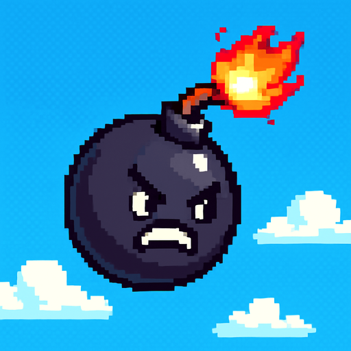 La bomba debe tener un diseño caricaturesco, en forma de esfera negra o gris oscuro con un brillo suave, una mecha encendida con fuego animado en la punta, y si es posible, una carita enojada o con expresión divertida; su estilo debe pixel art limpio, con líneas simples y colores llamativos para que resalte bien contra el fondo del cielo, y debe tener un ligero giro o movimiento mientras cae para darle vida..
In-Game asset.  2d.  High contrast.  No shadows