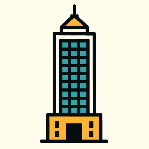"A 2D in-game asset of a skyscraper, showing only one face of the tower. The design should be high contrast with no shadows.".
In-Game asset.  2d.  High contrast.  No shadows