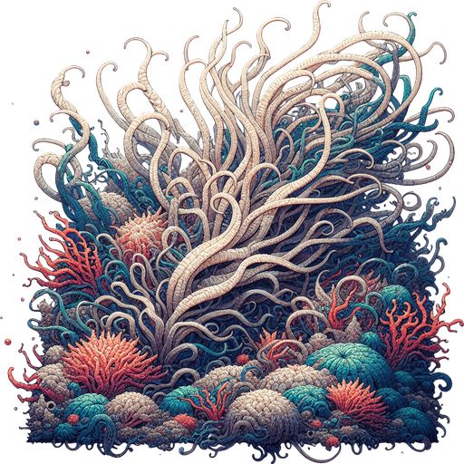Coral with seeweed inside of it.
Single Game Texture.  In-Game asset.  2d.  Blank background.  High contrast.  No shadows
