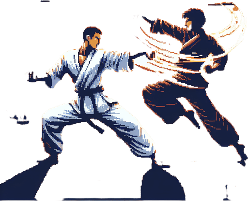 martial arts background fight scene.
Single Game Texture. In-Game asset. 2d. Blank background. High contrast. No shadows, detailed pixel art style