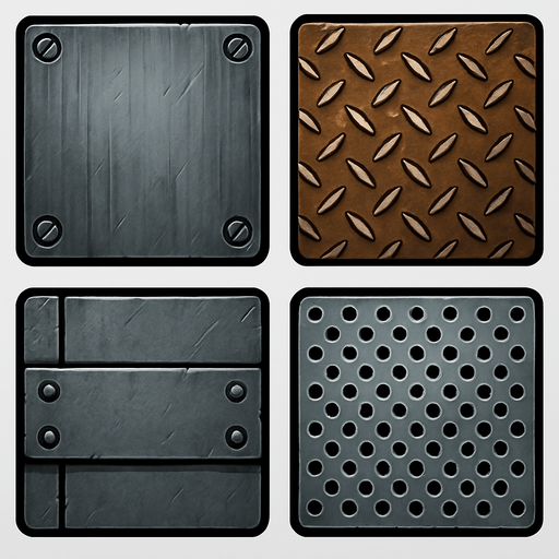 Different metal backgrounds, square.
In-Game asset.  2d.  High contrast.  No shadows