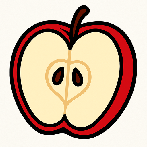 Manzana Fruta cortada a la mitad.
In-Game asset.  2d.  High contrast.  No shadows. Cartoon.