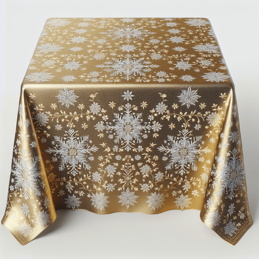 Photorealistic gold-colored, silver snowflakes Christmas tablecloth, front view.