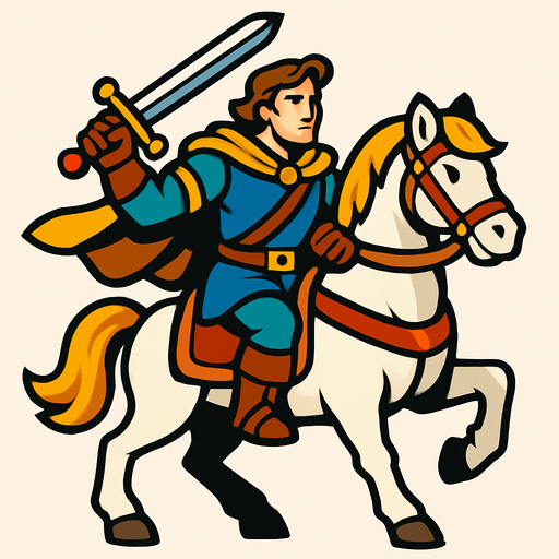 a hero man on the horse character image.
In-Game asset.  2d.  High contrast.  No shadows