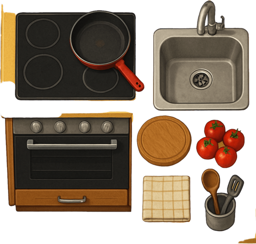 Mutfak - üstten görünüm - gerçekçi - yazısız.
In-Game asset.  2d.  High contrast.  No shadows