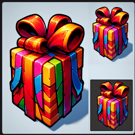 gift wrapped box, vivid colours. with bow on top Single Game Texture. In-Game asset. 2d. Blank background. High contrast. No shadows. Single Game Texture. In-Game asset. 2d. Blank background. High contrast. No shadows.