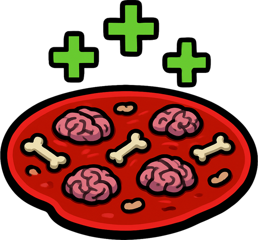 A healing blood pool with circular zombie brain and bone particles. Green + (healing) symbols on top. 2D..
In-Game asset.  2d.  High contrast.  No shadows