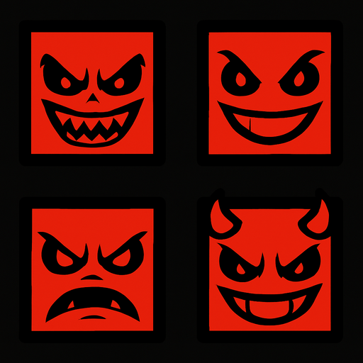 evil cube faces.
In-Game asset.  2d.  High contrast.  No shadows