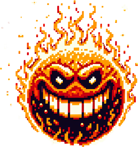 Burning ball shaped creepy grinning devil.
Single Game Texture. In-Game asset. 2d. Blank background. High contrast. No shadows. 8 bit