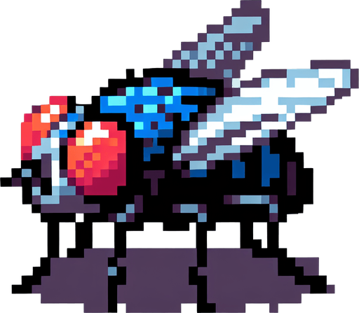 Genera una mosca mirando hacia la iziquierda en pixel art.
Single Game Texture.  In-Game asset.  2d.  Blank background.  High contrast.  No shadows