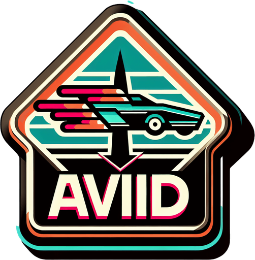 retro sign that says "avoid" with an flying car symbol in neon colors.
Single Game Texture. In-Game asset. 2d. Blank background. High contrast. No shadows.